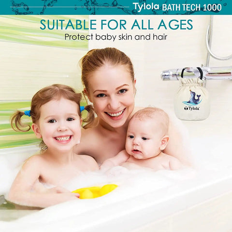 Mother and children in a bath with Hydrogen-Rich Bath Water Filter For Tub Faucet With 7 Oz Purifying Minerals.