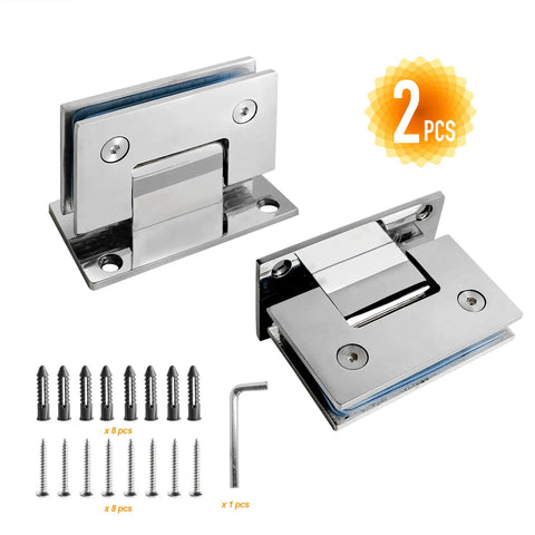 Beefy Frameless Glass Shower Door Hinges Set, Heavy Duty 304 Stainless Steel, shown with included hardware and allen key.