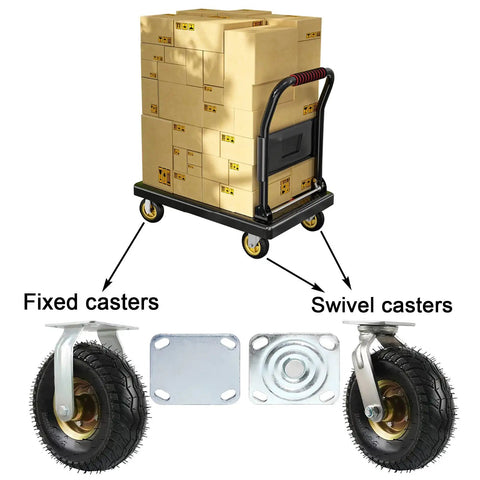Straight Up Heavy Duty Swivel Caster Wheels Set Of Four Featuring Silent Rubber Tires And Badass Ball Bearings For Smooth Easy Rolling Across Garage Floors Workshop Furniture Projects, shown with fixed and swivel caster details.