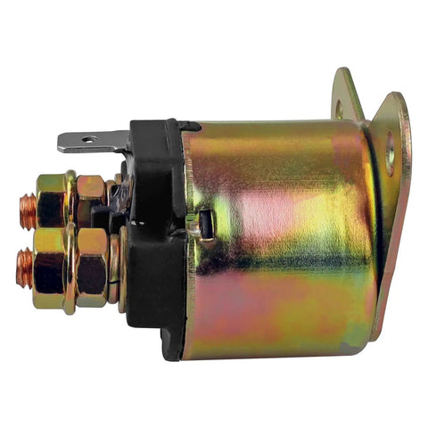 Starter Solenoid Relay For Predator 420cc Engine And Honda GX Series, side view with brass terminals and copper coil.