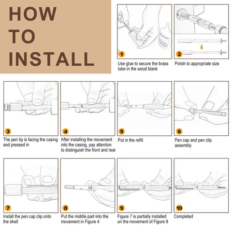 Colarr 7mm Slimline Pen Kit installation guide with 10 step diagrams (black-and-white line art showing components).