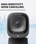 No Fuss Plug And Play 2K Webcam With Reliable Low Light Fix And AI Noise Blocking Dual Mics For Clean Pro Video Calls On Windows PC Mac And Laptops, showing dual AI microphones and 2K HD image.