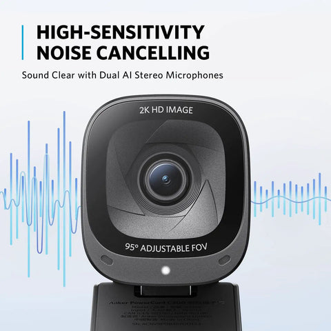 No Fuss Plug And Play 2K Webcam With Reliable Low Light Fix And AI Noise Blocking Dual Mics For Clean Pro Video Calls On Windows PC Mac And Laptops, showing dual AI microphones and 2K HD image.