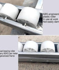 Close-up of durable ABS rollers on Heavy Duty Unpowered Roller Conveyor For Warehouse And Woodworking Shops Featuring Anti Rust Steel Frame.