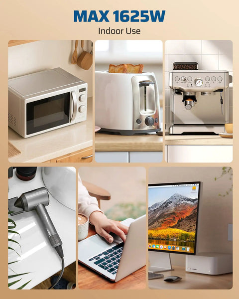 Kitchen and office appliances powered by the Six Foot Flat Plug Extension Cord With Three Outlets 16 Gauge Copper Wire 125 Volt 13 Amp