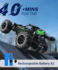 1 To 18 Scale Monster Dope RC Car For Kids Fast 20kmh Off Road Truck With Lights Durable ABS Chassis 40m Remote Range Ready For Backyard Trails And Indoor Adventures Green Great Gift For Birthday Or Holiday Fun, featuring large tires and rechargeable batteries in action.