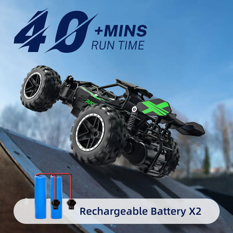 1 To 18 Scale Monster Dope RC Car For Kids Fast 20kmh Off Road Truck With Lights Durable ABS Chassis 40m Remote Range Ready For Backyard Trails And Indoor Adventures Green Great Gift For Birthday Or Holiday Fun, featuring large tires and rechargeable batteries in action.