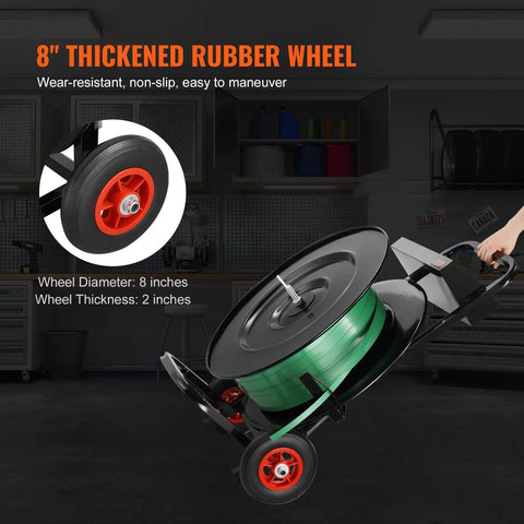 Close-up of 8-inch thickened rubber wheel on Heavy Duty Banding Strapping Cart Smooth Operator Rig for Pet PP and fiber rolls.
