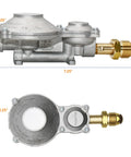 Two stage RV propane regulator with aluminum and brass construction, designed for 100 lb ASME tanks, ideal for trailers and campers.