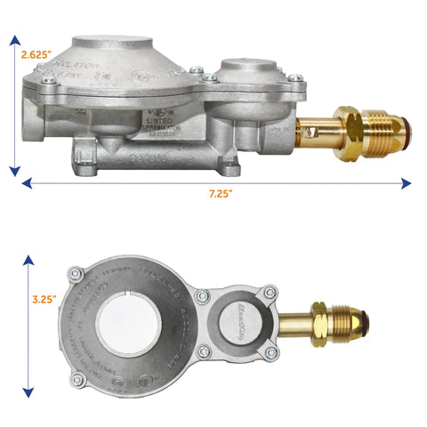 Two stage RV propane regulator with aluminum and brass construction, designed for 100 lb ASME tanks, ideal for trailers and campers.