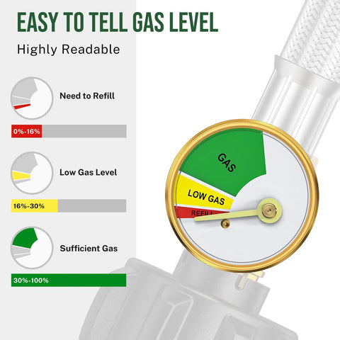 12 Foot Propane Hose Adapter With Gauge For 1lb To 20lb Tanks gas level indicator showing refill, low, and sufficient zones