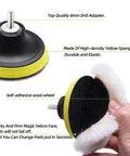 Top Notch Wool Buffing And Cutting Pad Set 3 Inch 80mm Lambs Wool Drill Pads, showing wool pad with velcro attachment and drill adapter