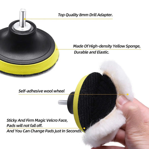 Top Notch Wool Buffing And Cutting Pad Set 3 Inch 80mm Lambs Wool Drill Pads, showing wool pad with velcro attachment and drill adapter