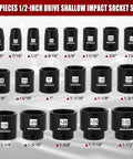 19 Piece One Half Inch Drive Standard Impact Socket Set SAE Shallow Depth Three Eighths To One And One Half Inch Cr-Mo Alloy Steel Radius Corner Design Heavy Duty Impact Built Tough For High Torque Tasks showing variety of socket sizes.
