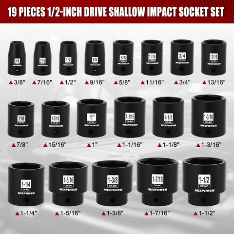 19 Piece One Half Inch Drive Standard Impact Socket Set SAE Shallow Depth Three Eighths To One And One Half Inch Cr-Mo Alloy Steel Radius Corner Design Heavy Duty Impact Built Tough For High Torque Tasks showing variety of socket sizes.