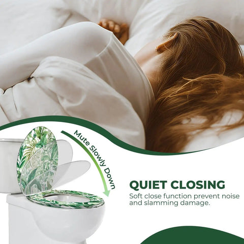 Elongated Resin Toilet Seat for Bathroom with soft close feature, decorative leafy design, fitting standard toilets.