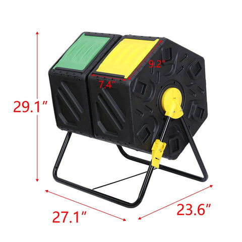 37 Gallon Dual Chamber Tumbling Composter With Two Sliding Doors For Easy Turn Outdoor Garden Bin BPA Free High Volume System Delivers Fast Aerobic Composting For Your Backyard, side view with dimensions.