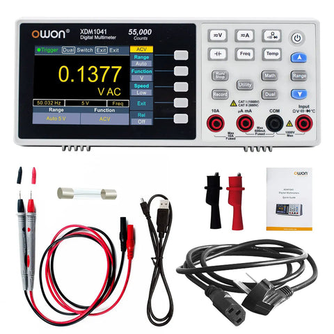 Pro Grade USB RS232 Digital Multimeter XDM1041 55000 Counts with cables, probes, and accessories displayed.