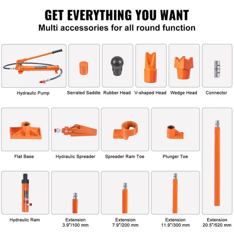 Various components of the 10 Ton Portable Hydraulics Porta Power Kit including hydraulic pump, saddle, and extensions.