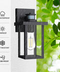 Upgraded Motion Sensor Outdoor Wall Light With Dusk To Dawn Auto Mode Matte Black Exterior Porch Lamp shown outdoors in rain.