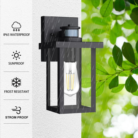 Upgraded Motion Sensor Outdoor Wall Light With Dusk To Dawn Auto Mode Matte Black Exterior Porch Lamp shown outdoors in rain.