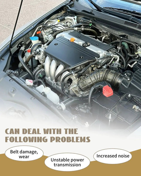 Honda Accord 2.4L engine bay with serpentine drive belt replacement focus on reducing noise, improving power transmission
