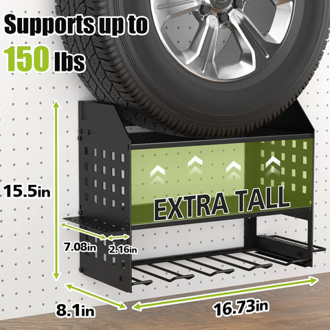 Power Tool Organizer Wall Mount With Charging Station And 6-Outlet Power Strip, 3-Tier Garage Shelf Black, Keeps Tools Charged And Ready To Roll In Your Busy Workshop., extra tall black metal tire rack for garage wall, supports up to 150 lbs, 15.5in high