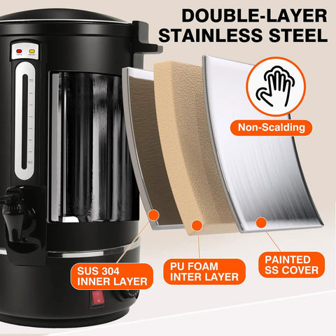 Heavy Duty Commercial Coffee Urn With 110 Cup Capacity 12L Stainless Steel Beverage Dispenser For Weddings Parties And Catering Fast Brew Heating Double Wall Black Finish Easy Cleaning showing double-layer design and insulation materials.
