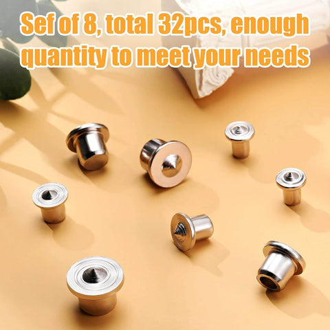 DIY Friendly 32 Piece Dowel Pin Center Point Kit For Woodworking Solid And Hollow Dowel Centers And Transfer Plugs Includes 1/4 5/16 3/8 1/2 Inch Pins 6 8 10 12 Mm For Quick Fits And Precise Alignment, eight dowel pins scattered on surface