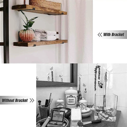 Built Tough 4 Pack Frosted Black Shelf Brackets With Lip For Floating Shelves Rustic Iron Metal Wall Mount Heavy Duty Supports For Diy Open Shelving And Home Makeover Projects showcasing installed shelves with brackets and a counter without.