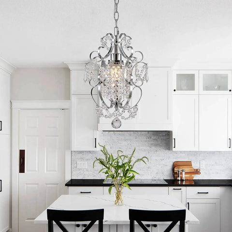 Plug In Chrome Crystal Chandelier With 14.3 Ft Cord And On Off Switch, Mini Hanging Light Fixture in kitchen area