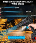 Cordless Leaf Blower Kit With 2x 3.0Ah Batteries And Charger, 300000 RPM hand-held, showcasing wind speed adjustment in use