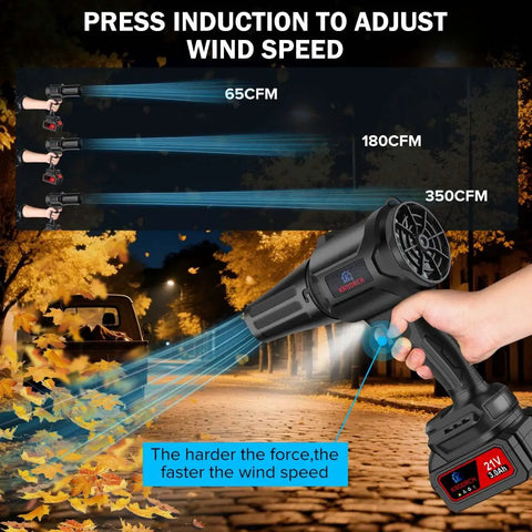 Cordless Leaf Blower Kit With 2x 3.0Ah Batteries And Charger, 300000 RPM hand-held, showcasing wind speed adjustment in use