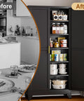 Tall Black Metal Storage Cabinet With Two Doors And Five Adjustable Shelves For Garage And Workshop, Heavy Duty Steel Tool Closet For Home Office Kitchen Pantry File Storage, open in kitchen