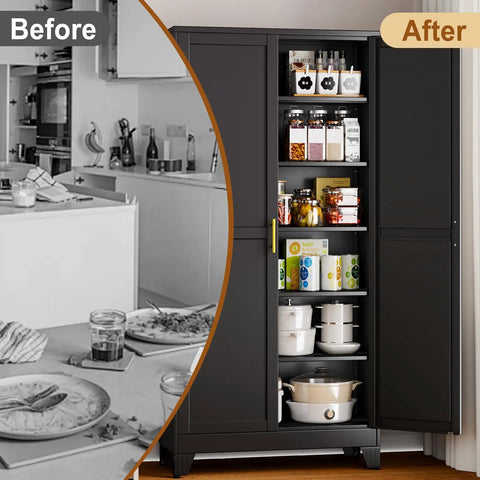 Tall Black Metal Storage Cabinet With Two Doors And Five Adjustable Shelves For Garage And Workshop, Heavy Duty Steel Tool Closet For Home Office Kitchen Pantry File Storage, open in kitchen