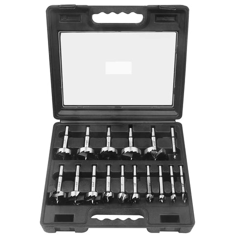 Sixteen Piece Dope Forstner Bit Set For Wood Drilling With Center Positioning in a black case, sizes from quarter inch to three and three quarters inch.