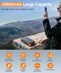 Solar Charger Power Bank With Built In Cables And 42800mAh Battery on mountain ledge with person holding phone