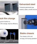 Rock Solid Vertical Bubble Wrap Dispenser Stand shows galvanized steel frame, quick film change mechanism, and stable chassis design.