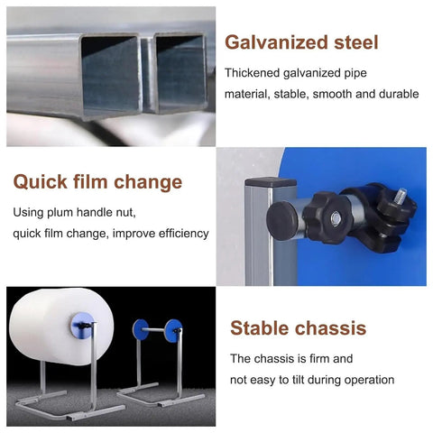 Rock Solid Vertical Bubble Wrap Dispenser Stand shows galvanized steel frame, quick film change mechanism, and stable chassis design.