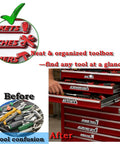 Pro Grade Magnetic Tool Box Labels Kit 12 Pack With Strong Magnets For Metal Tool Chests And Cabinets Reusable 3D Raised Drawer Labels Gray Background With Red Text Perfect Garage Organization shown labeling a metal tool chest for organization