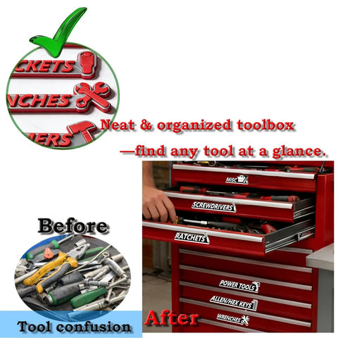 Pro Grade Magnetic Tool Box Labels Kit 12 Pack With Strong Magnets For Metal Tool Chests And Cabinets Reusable 3D Raised Drawer Labels Gray Background With Red Text Perfect Garage Organization shown labeling a metal tool chest for organization