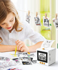 Sweet Smart AI Voice Activated Sticker Printer Portable Inkless Thermal Craft Device on table with child creating stickers.