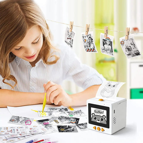 Sweet Smart AI Voice Activated Sticker Printer Portable Inkless Thermal Craft Device on table with child creating stickers.