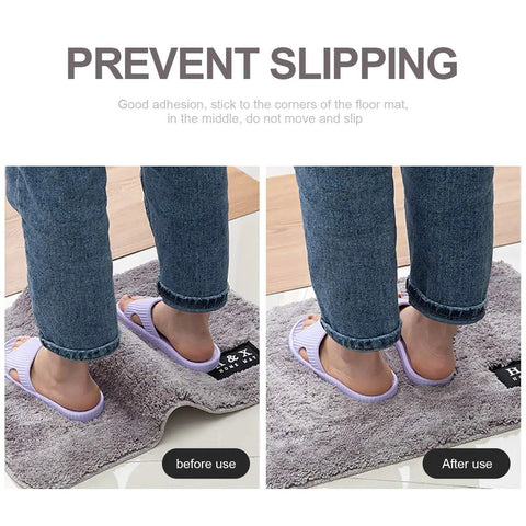 Comparison of rug with and without Never Curl No Slip Carpet Stickers 4 Pack on tile floor.
