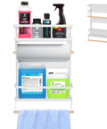 Magnetic Foldable Paper Towel Holder With Shelf And 5 Removable Hooks 2-In-1 Garage Storage Organizer with cleaning supplies.