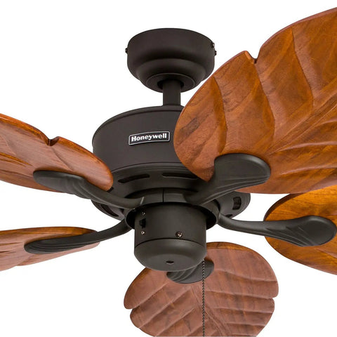 Sabal Palm 52 Inch Tropical LED Ceiling Fan With Light For Living Areas, hand-carved solid wood blades, bronze finish