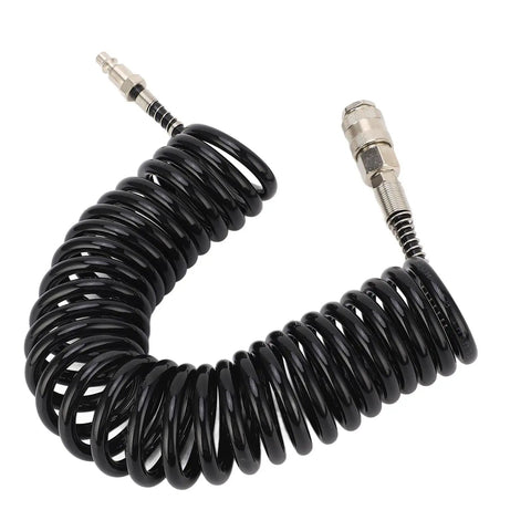 Kick Ass Flexible 6 Meter Coiled Air Hose Extender Reel For Air Compressors Ultimate Heavy Duty No Kink Solution For Tire Inflation And Workshop Tools Leak Proof Braided Steel Construction Super Tough Gear For Home Garage Use black coiled hose with metal fittings