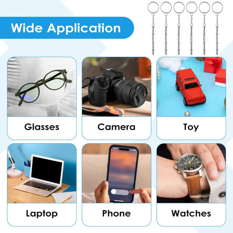6-piece image showing multiple applications for the 4 In 1 Eyeglasses Screwdriver Kit With Keychain Portable 6 Piece Precision Repair Set For Eyewear Computer And Watch Tiny Compact Tool For On The Go Quick Fixes: glasses, camera, toy, laptop, phone, watches.