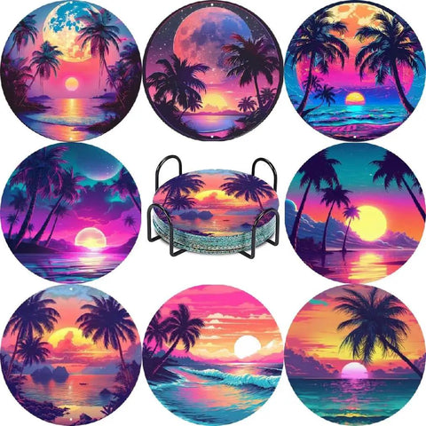 Colorful landscape-themed coasters from 8 Piece Diamond Painting Coasters Kit With Holder For Newbies And Grown Ups, vibrant sunset designs.