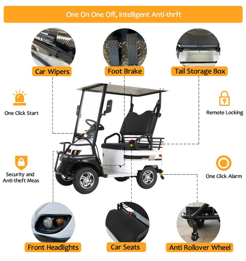 Kick Around With This Hella Smooth Electric Golf Cart Featuring Roomy Storage Box And 800W Motor Power Perfect For Seniors Adults Doubles As Mobility Scooter For Courses Beaches Farms features car wipers, foot brake, tail storage box, and remote locking.